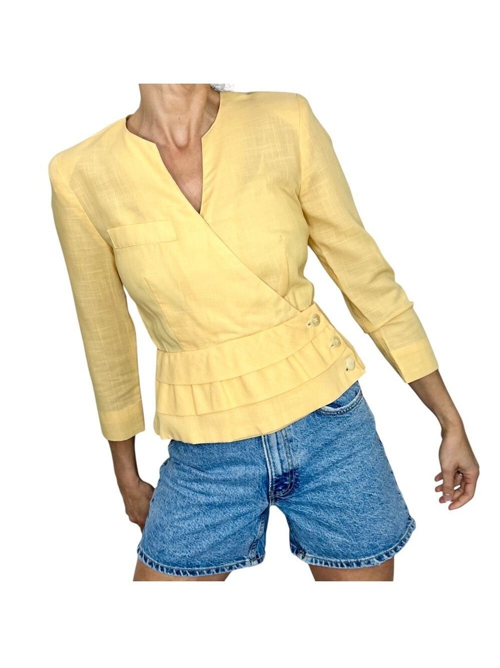 Vintage butter yellow fitted cropped lightweight peplum blazer jacket